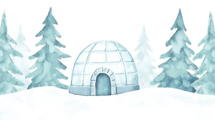 A serene winter scene featuring an igloo surrounded by snowy trees under a clear blue sky.