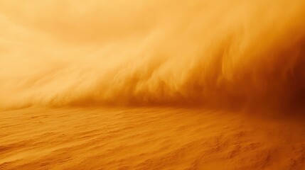 An intense sandstorm engulfs the desert terrain, creating a dramatic display of swirling dust and wind at dusk, evoking a sense of nature's raw power and movement