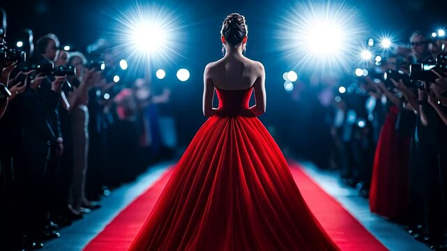 A woman in a stunning red gown walks the red carpet amidst photographers, symbolizing glamour and celebrity culture