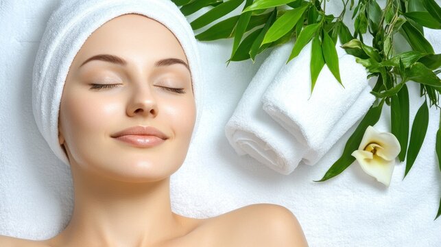 Woman relaxed in spa setting with lush surroundings.