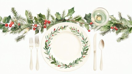 Festive table setting with a decorative plate, cutlery, and a green garland on a white isolated background.