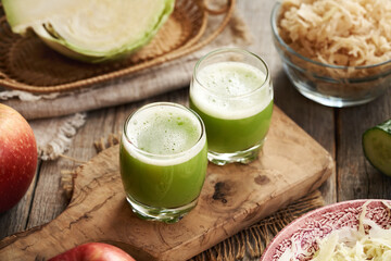 Two cups of green cabbage juice with cucumber and apples