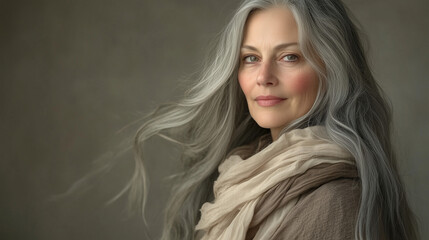 Obraz premium Kobieta o siwych, długich włosach i łagodnym spojrzeniu, z subtelnym szalem otulającym szyję, uchwycona na stonowanym tle, zachwyca harmonią i wdziękiem.