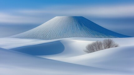 Serene Winter Landscape: Snow-Covered Mountain and Minimalist Scene