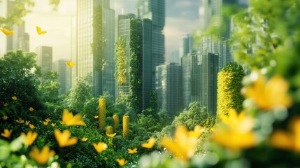 A vibrant cityscape blending nature with skyscrapers, showcasing urban greenery and butterflies.