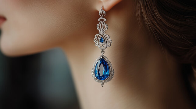 Wyrafinowany kolczyk z niebieskim kamieniem i finezyjnymi srebrnymi detalami zdobi ucho kobiety, uchwycone w zbliżeniu, eksponując luksusowy styl biżuterii.

