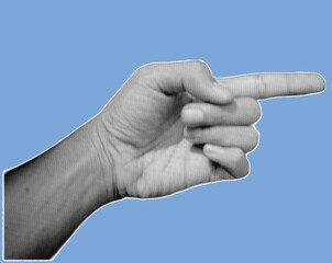 Close up of hand gesture pointing pixelate grayscale color halftone dotted texture style collage element isolated on blue background