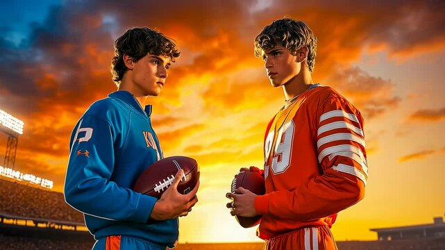 Two male high school athletes in vibrant football jerseys stand ready on a field, a fiery sunset backlighting them. The intense gaze and competitive pose suggest readiness and rivalry.