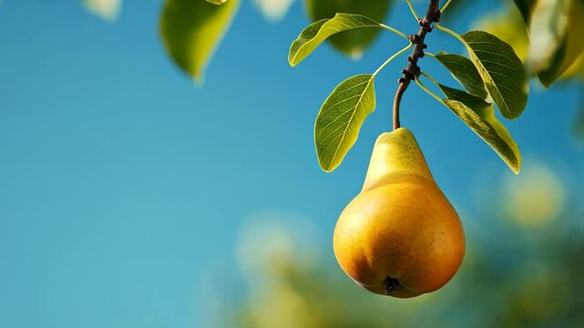 Ripe pear hanging from a tree branch against a clear blue sky, symbolizing autumn harvest