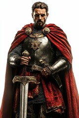 Fototapeta premium Medieval knight, armor, sword, red cape, intense gaze.