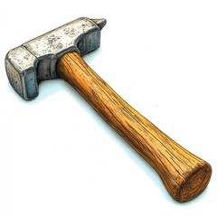 A cartoon-style hammer with a metallic head and wooden handle, used for striking objects.