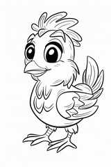 Naklejka premium Black and white cartoon illustration of a cute baby chicken standing and smiling, black and white drawing for coloring activities
