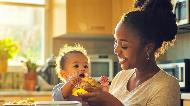 A young Black mother feeds her infant a meal in a warmly lit kitchen. She is smiling, dressed casually, and it's daytime. This scene portrays the tender bond and daily routine.