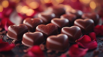 Delicious heart-shaped chocolates with rose petals.
