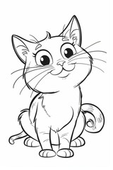 Obraz premium Black and white illustration of a happy cartoon cat sitting, designed for children's coloring books