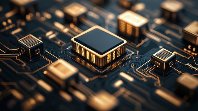 Battery replacement efficiency concept. Detailed close-up of a computer circuit board featuring a central processing unit with gold accents and intricate wiring.