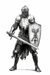 Obraz premium Medieval warrior, armored, sword, shield, combat-ready.