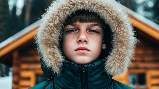 A young Caucasian male in a fur-lined parka stands outside a log cabin in winter, evoking themes of solitude and Christmas