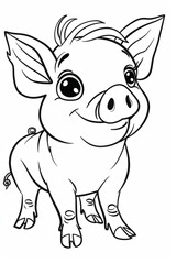 Black and white drawing of adorable piglet standing and smiling, depicted in a cartoon style, perfect for a coloring book or children's activity