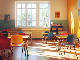 Fototapeta premium Vibrant Classroom Setting: A Burst of Color in a Bright Learning Space