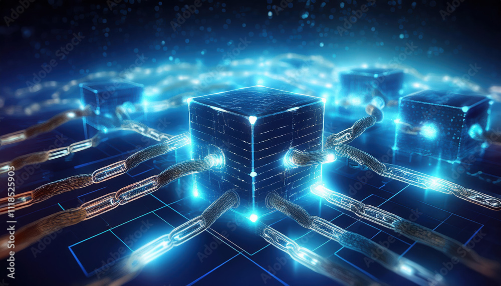 Poster blockchain technology with glowing blocks and chains representing secure transactions and connectivi