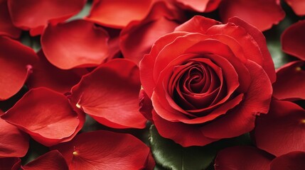 Naklejka premium A vibrant red rose surrounded by soft rose petals, symbolizing love and beauty in a romantic setting.