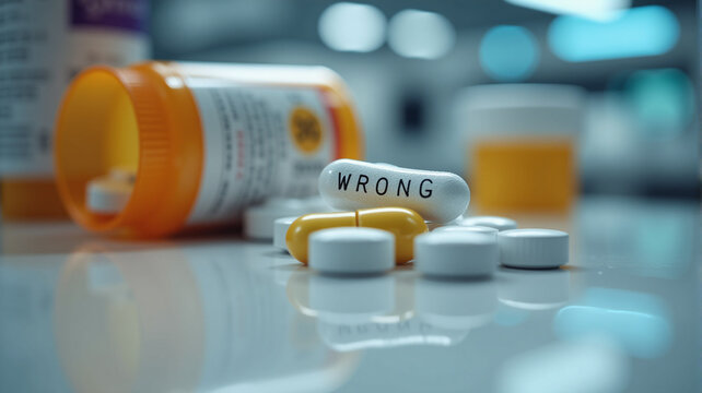 Wrong Medication in Prescription Bottle, Medical Error Warning Concept in Clinical Setting