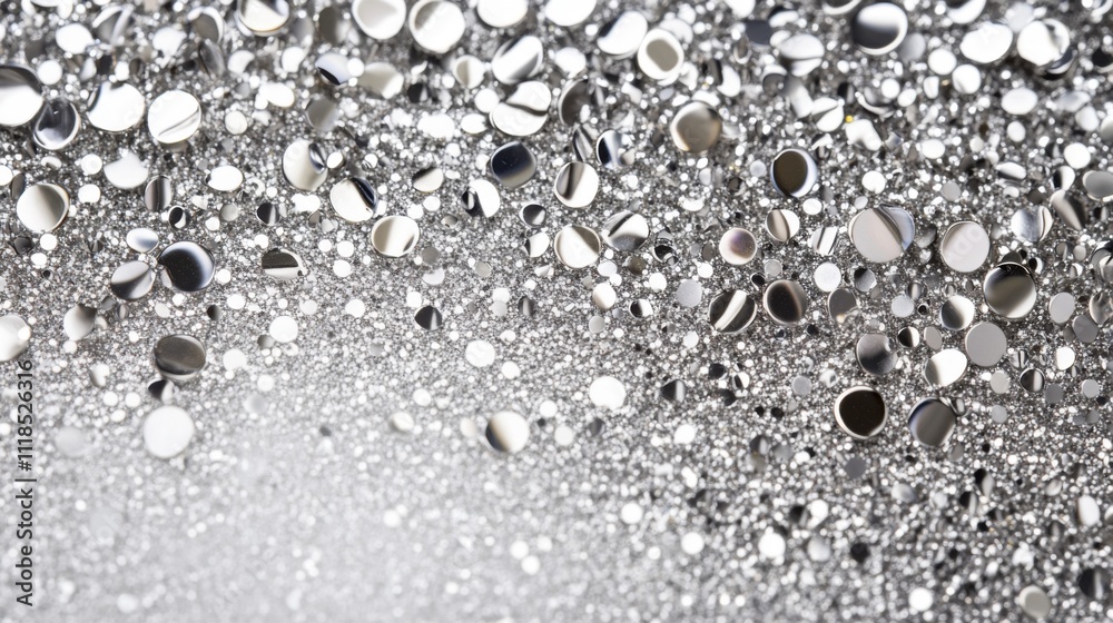 Poster a collection of shiny silver particles reflects light, forming a captivating arrangement that sparkl