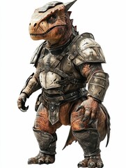Fototapeta premium Reptilian creature wears weathered armor.