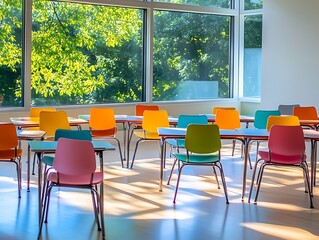 Fototapeta premium Vibrant Classroom Setting: A Burst of Color in a Bright Learning Space