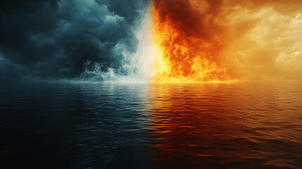 A captivating split-screen image showcasing raging fire and serene water, ideal for contrasting themes in design projects, safety campaigns, or environmental awareness.