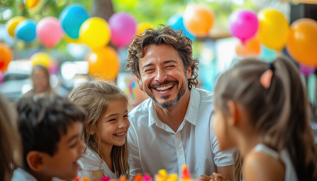 Father celebrating daughter's birthday party with balloons and cake