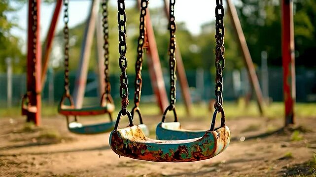 a swing set  with  a broken swing .