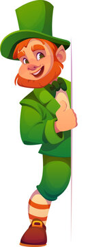 Cartoon irish leprechaun man character peeking from the side with playful expression. Isolated vector cheerful Saint Patrick day personage wearing a vibrant green outfit, embodying Irish folklore