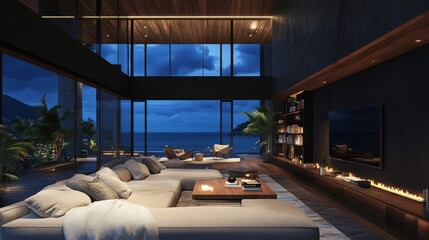 Modern Living Room with Ocean View at Dusk