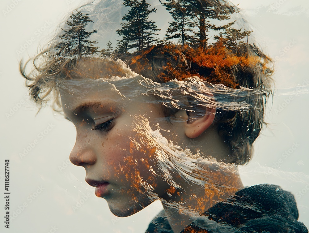 Poster serene reflection of nature in a child's imagination: a dreamy double exposure concept featuring wav