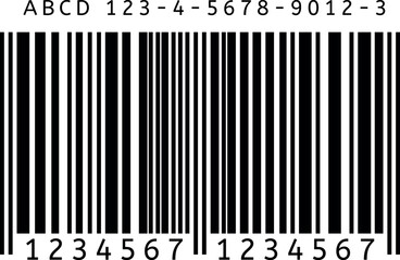 Black and white barcode with numbers and letters representing retail product identification, inventory management, and supermarket scanning technology