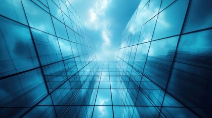A reflective view of modern glass buildings under a cloudy sky.