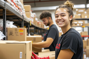 Smiling young woman packing boxes in a warehouse with a team of volunteers