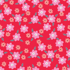 Seamless floral pattern, cute ditsy print with small pink flowers, leaves on purple background. Pretty botanical design for fabric, paper and other surfaces. Vector illustration.