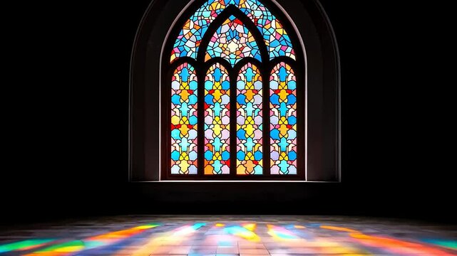 Vibrant stained glass window casting colorful reflections on a church floor, symbolizing spirituality and Easter