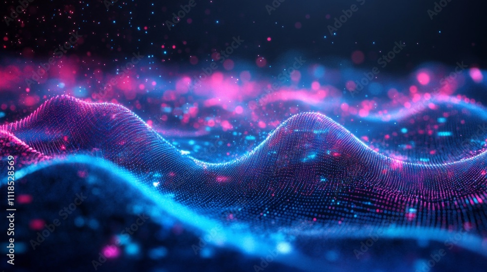 Aufkleber Vibrant waves undulate in a digital space, illuminated by pulsating pink and blue lights. This visual symphony captivates with its dynamic movement and depth, inviting endless exploration