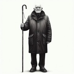 Obraz premium Illustration Pencil Sketch of an Elderly Man with Beard Holding a Wooden Staff in Winter Clothing 