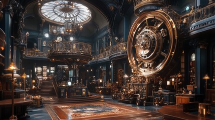 Fototapeta premium Historical mansion of a wealthy industrialist, featuring elaborate machines and steam-powered contraptions from bygone eras