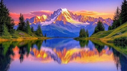 A serene mountain landscape at sunset, reflected in a calm lake surrounded by lush greenery.