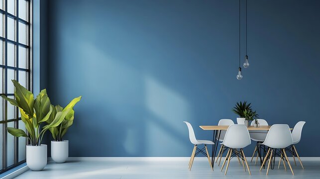 A dinning area with plants, tables, chairs and lamps in front of blue wall.