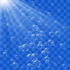 Bubbles of air or carbonated water underwater rise up under sunlight. Realistic 3d vector on transparent background.