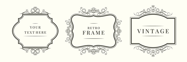 Vintage calligraphic decorative frames template set. Elegant retro ornamental borders, floral ornaments. Vector illustration