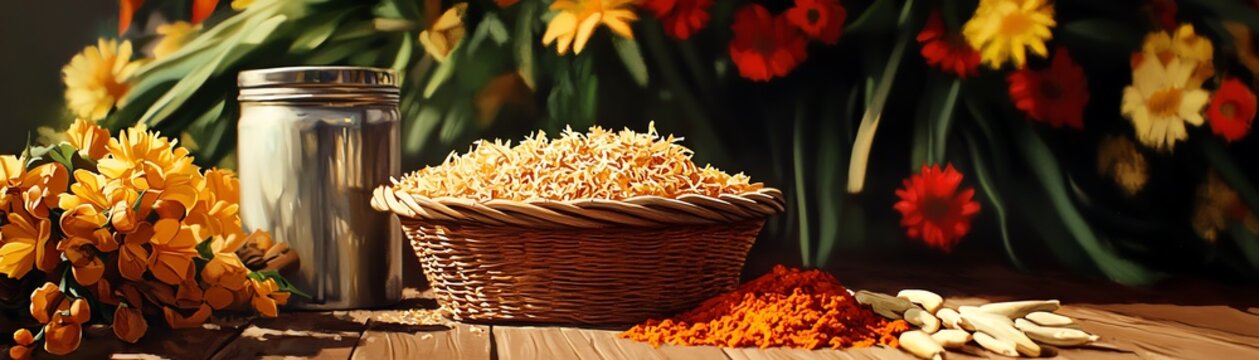 Ethiopian chechebsa shredded bread with berbere spice, displayed near a rustic village
