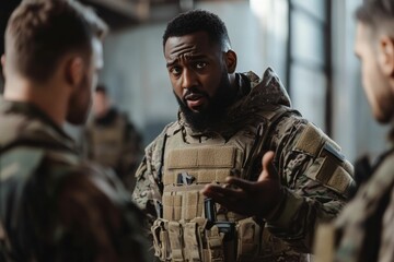 Fototapeta premium Camouflaged soldier explains, intense expression, military briefing.